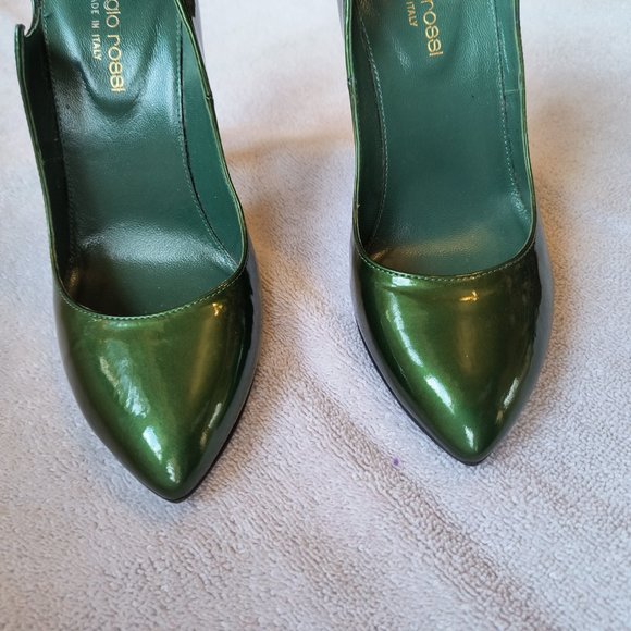 Sergio Rossi Patent Leather Emerald Green Metallic Stilettos Size 6.5 - Picture 3 of 7